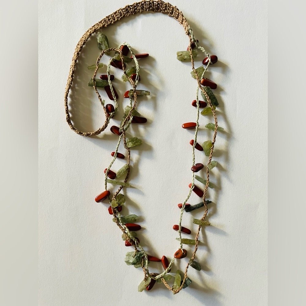 Handmade Green stone and Red jasper Beaded Necklace on crochet silk